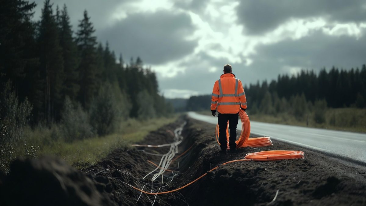 Kuituasentaja avoimen kaapelikaivannon äärellä